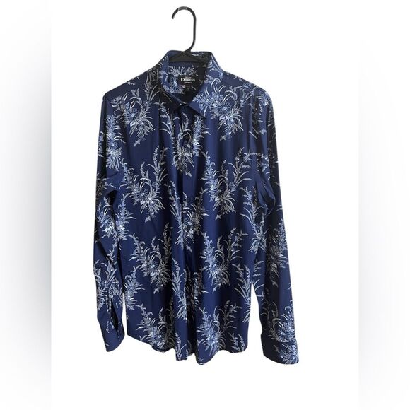 Express Navy Blue Floral Long Sleeve Shirt Stretch Extra Slim Sz M 15 - 15 1/2 - Picture 1 of 8